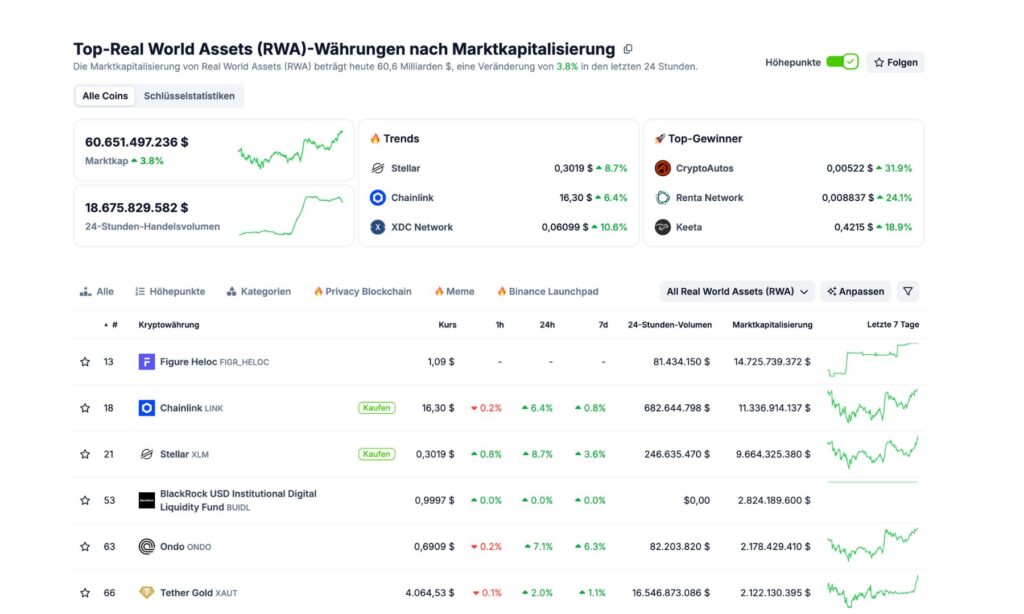 Übersicht von RWA-Tokens auf einer Markt-Datenplattform