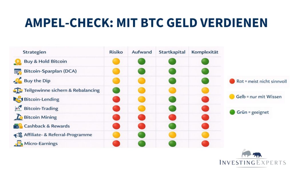 Ampel-Check für seriöse und riskante Wege, mit Bitcoin Geld zu verdienen