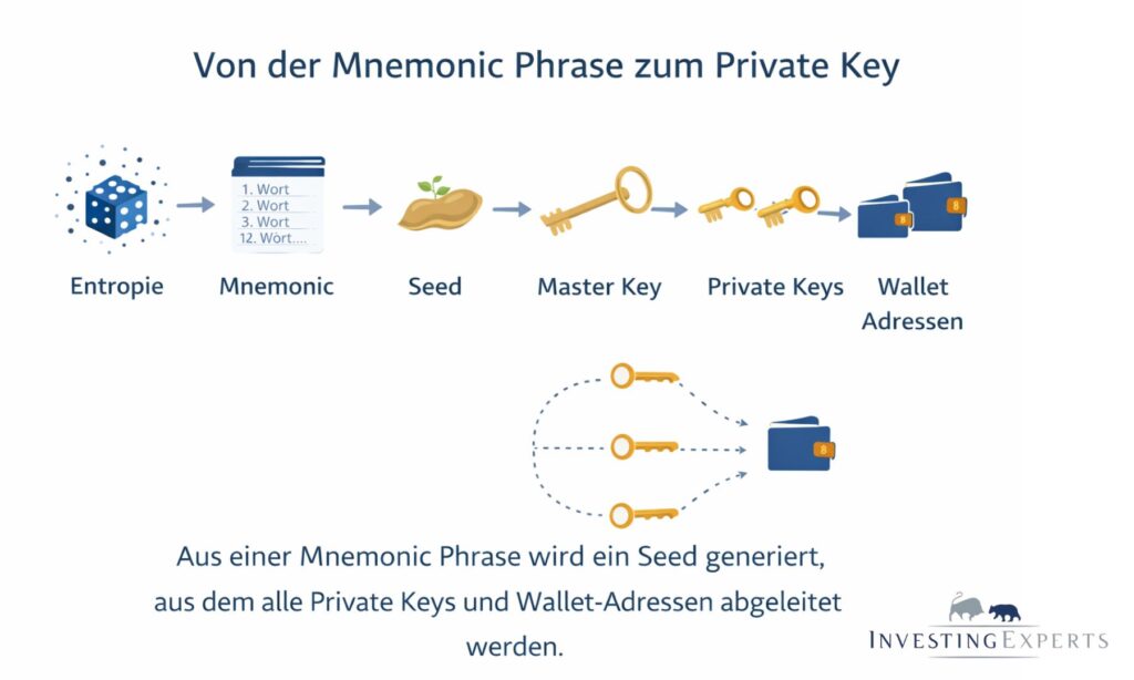 Zusammenhang zwischen Mnemonic Phrase, Seed, Private Key und Wallet-Adresse