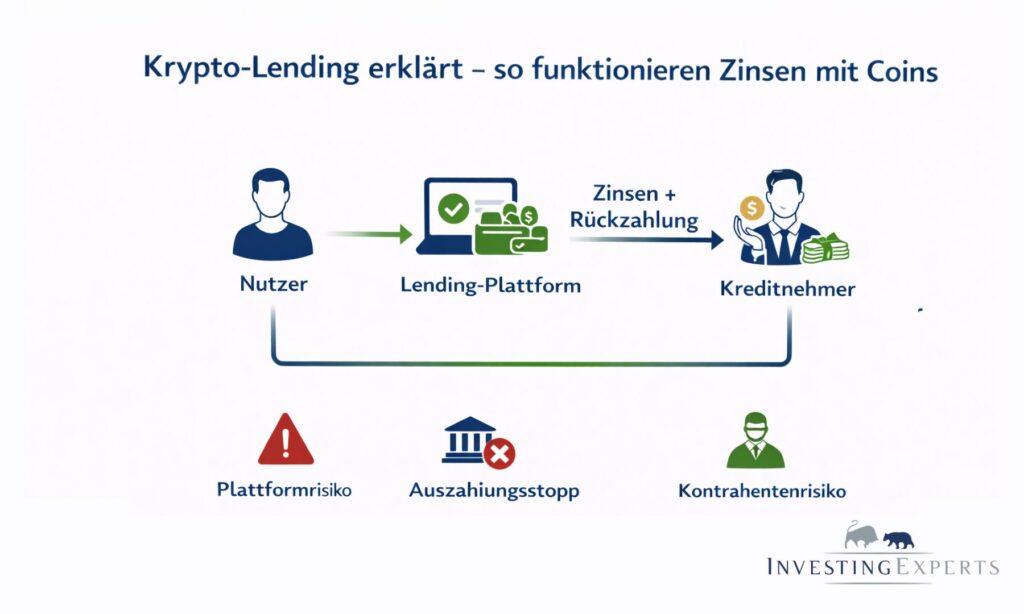 Ablauf von Krypto-Lending mit Plattform- und Kontrahentenrisiken