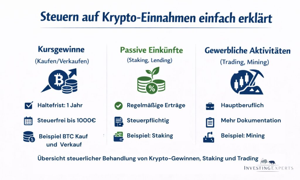Übersicht steuerlicher Behandlung von Krypto-Gewinnen, Staking und Trading