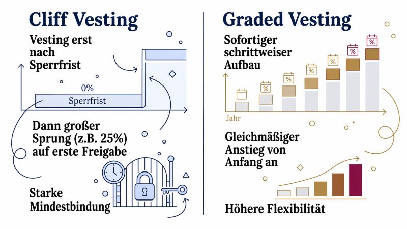 Vergleich von Cliff Vesting und Graded Vesting im 16:9-Format mit Sperrfrist, erster Freigabe und schrittweisem Anspruchsaufbau