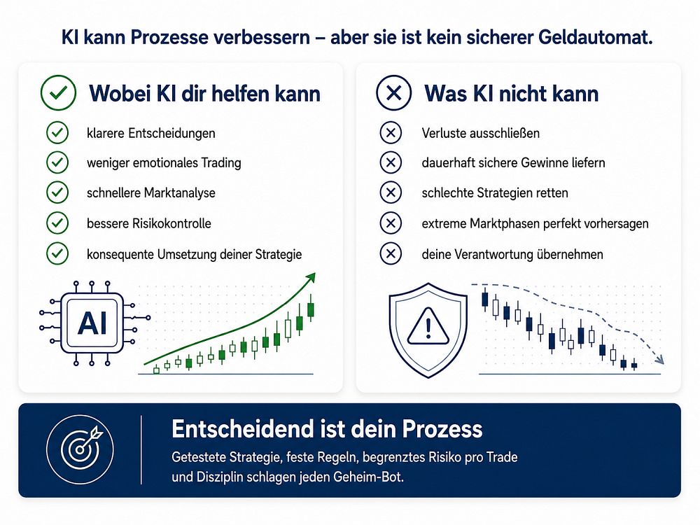Infografik zu: KI kann Marktanalyse, Risikokontrolle und Entscheidungen unterstützen, aber keine Gewinne garantieren.