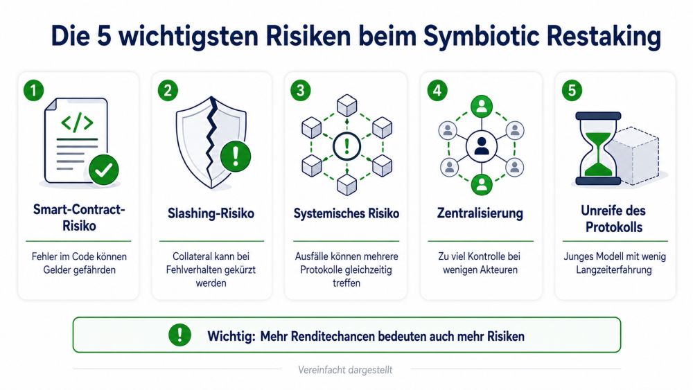 Die fünf wichtigsten Risiken beim Symbiotic Restaking: Smart-Contract-Risiko, Slashing-Risiko, systemisches Risiko, Zentralisierung und unreifes Protokoll.