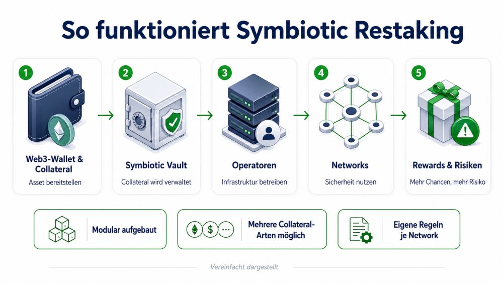 So funktioniert Symbiotic Restaking: Web3-Wallet, Collateral, Symbiotic Vault, Operatoren, Networks sowie Rewards und Risiken.