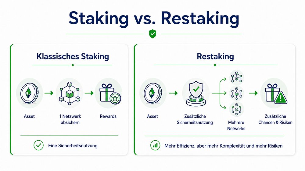 Staking vs. Restaking im Vergleich: klassisches Staking sichert ein Netzwerk ab, Restaking nutzt Assets für mehrere Networks.