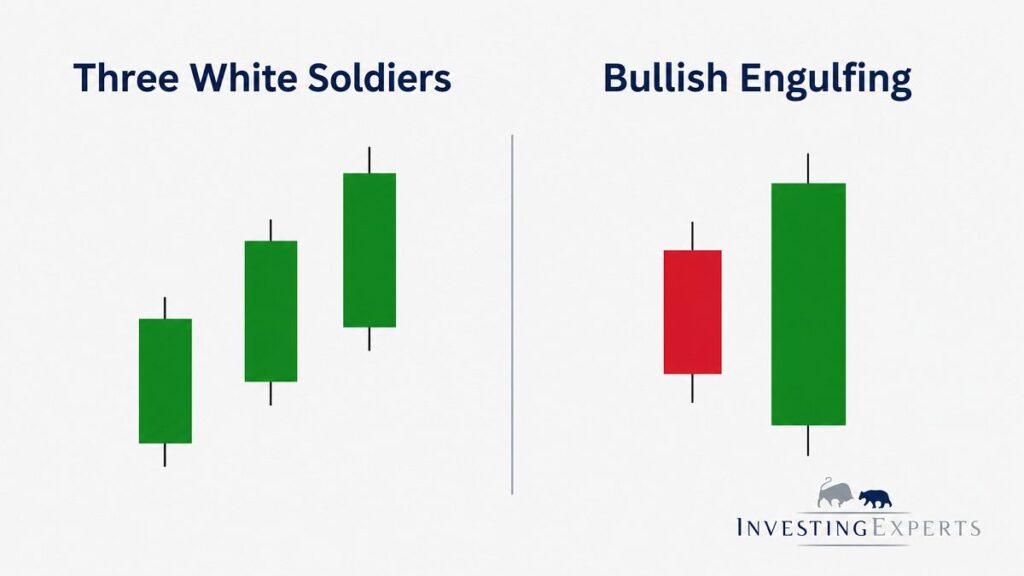 Three White Soldiers vs. Bullish Engulfing im Vergleich.
