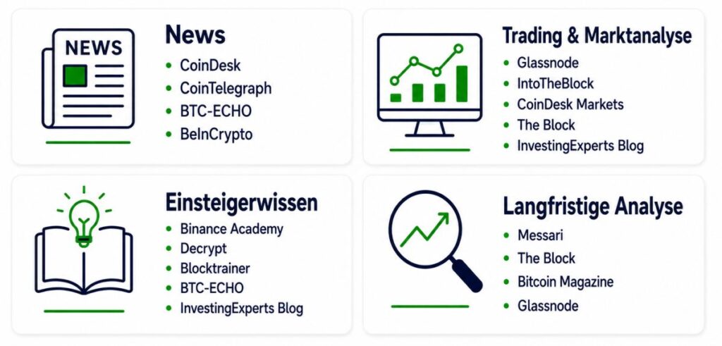Vergleich verschiedener Krypto-Blog-Seiten nach News, Trading, Education und Analyse