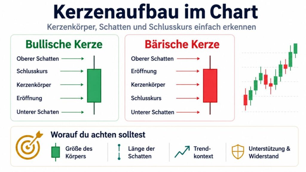 Beispielchart mit markierten Kerzenkörpern und Dochten