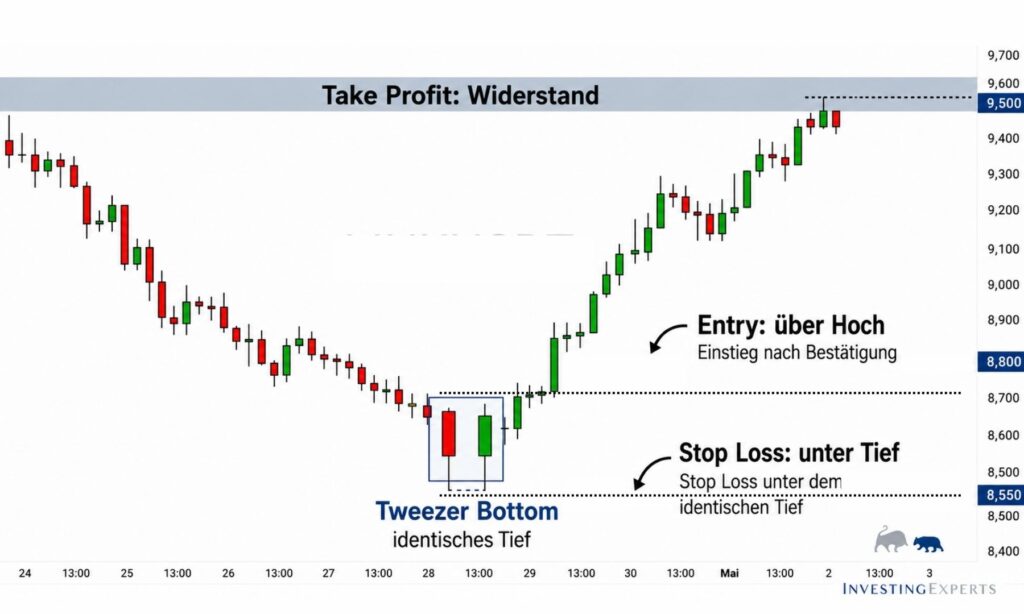 Trading Setup für Tweezer Bottom mit Entry und Stop-Loss