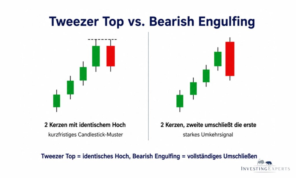 Vergleich Tweezer Top und Bearish Engulfing mit Kerzenkörpern