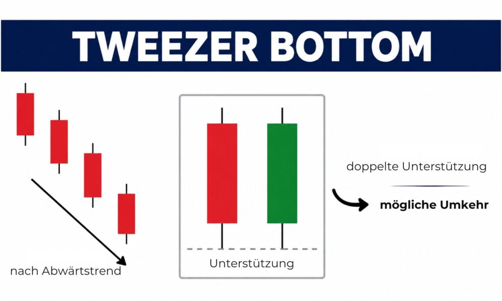 Tweezer Bottom Candlestick Formation mit identischem Tief nach Abwärtstrend