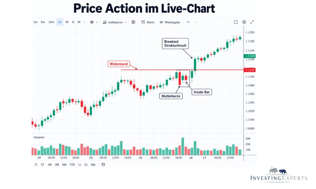 Chart mit markierter Inside Bar und Breakout über Widerstand