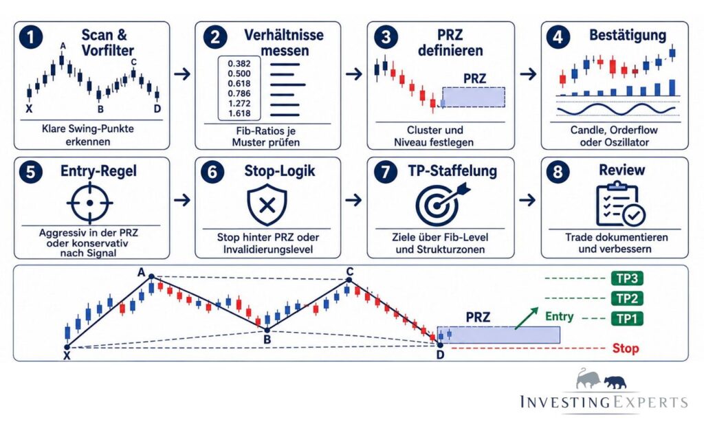 Prozessdiagramm vom Pattern-Scan bis zum Trade-Management bei Harmonic-Patterns 