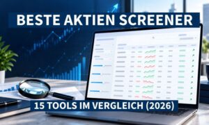 Titelbild zum Vergleich: aktien screener kostenlos mit Laptop, Kursgrafiken und Lupe