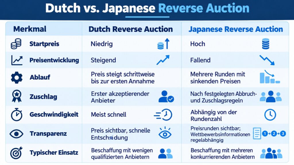 Reverse Dutch Auction und Japanese Reverse Auction im Vergleich: Startpreis, Preisentwicklung, Ablauf, Zuschlag und Geschwindigkeit.