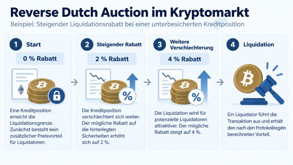 Reverse Dutch Auction bei einer Krypto-Liquidation mit steigenden Rabattstufen von 0, 2 und 4 Prozent.